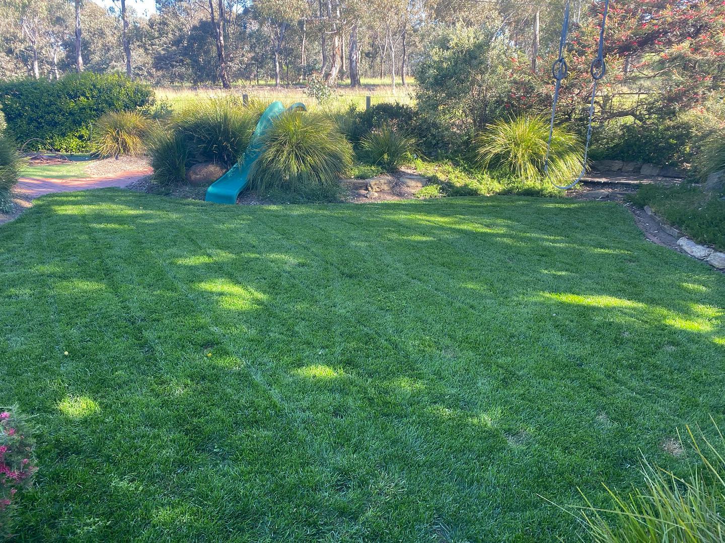 A lush, freshly mown lawn.